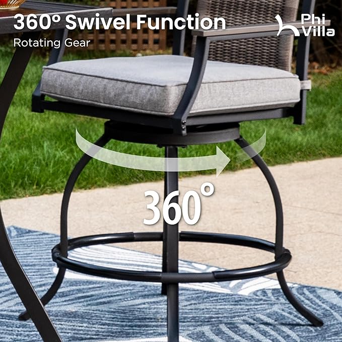PHI VILLA 3 PCS Patio Bar Set, Bar Height Chair with 3.5" Thicker Cushion & Retro-Metal Square Table,Sturdy and Durable,Outdoor Height Bar Dining Set for Poolside,Yard-Ruum Studio Home