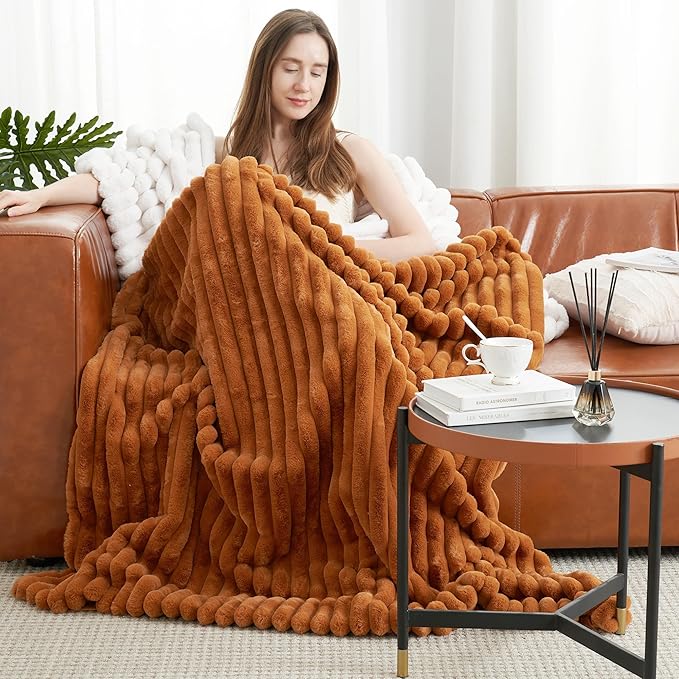 Amélie Home Faux Fur Throw Blanket for Couch, Cozy Fuzzy Fluffy Fur Luxurious Soft Striped Plush Gift Blankets for Family Sofa Chair Bed Living Room Bedroom, 55"x70", Brown-Ruum Studio Home