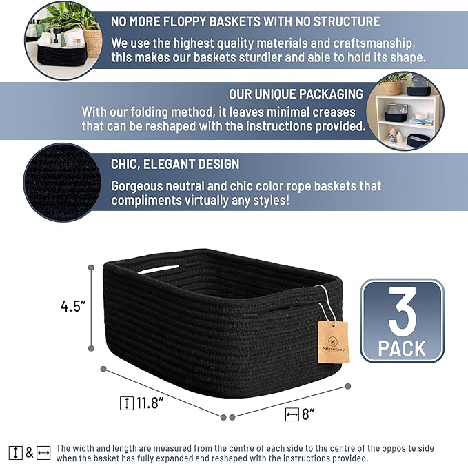 NaturalCozy 11.8"x8"x4.5” Rectangle Storage Baskets for Shelves 3 Pack | Cotton Rope Woven Small Baskets for Organizing | Small Storage Bins for Nursery, Bathroom, Closet, Shelf, Decorative, Gift-Ruum Studio Home