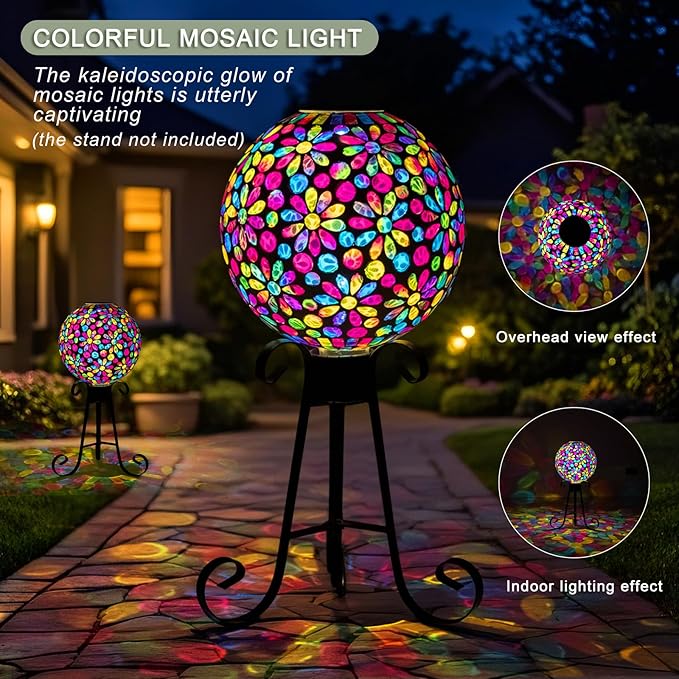 VOREEN 10" Mosaic Glass Gazing Ball with Solar Light, Outdoor Solar Gazing Globe, Handmade IP44 Waterproof Garden Decor Sphere for Patio Yard, Ideal Gift for Mom Wife Friend, Colorful Daisy Design-Ruum Studio Home
