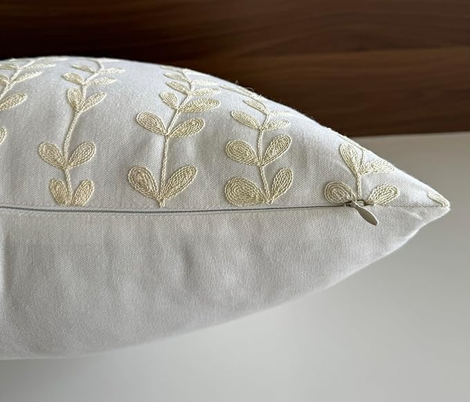 VAGMINE Embroidered Floating Leaves Throw Pillow Cover - 18x18 Inches Square - 100% Cotton Ivory Decorative Cushion Cover - Timeless Nature-Inspired Accent for Sofa, Couch & Modern Decor - Cream-Ruum Studio Home