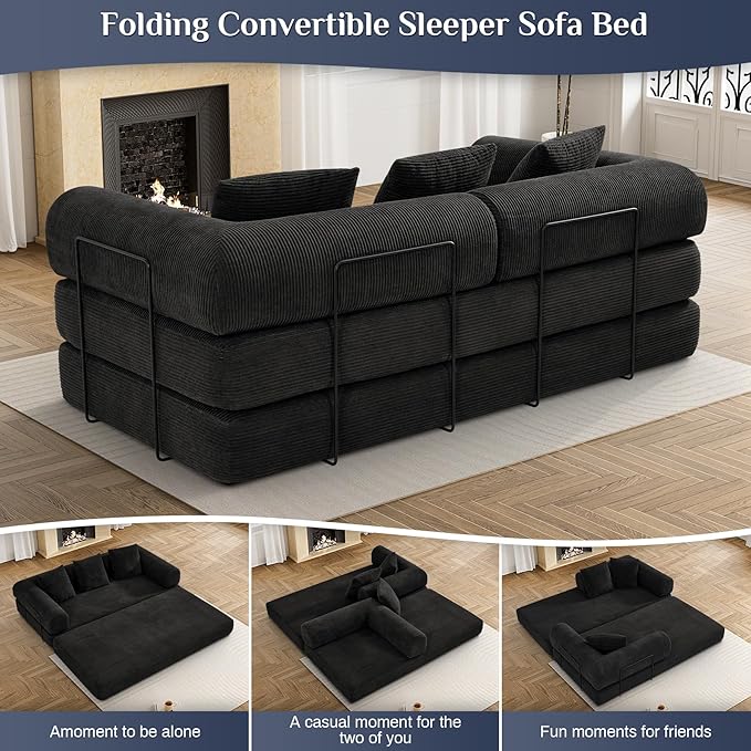 Convertible Sleeper Sofa Bed with Pillow, 4-in-1 Corduroy Folding Mattress Couch with Fixed-Shape Frame, Futon Fold Out Floor Sofa Cama Lounge Couch for Living Room Bedroom Studio, Black-Ruum Studio Home