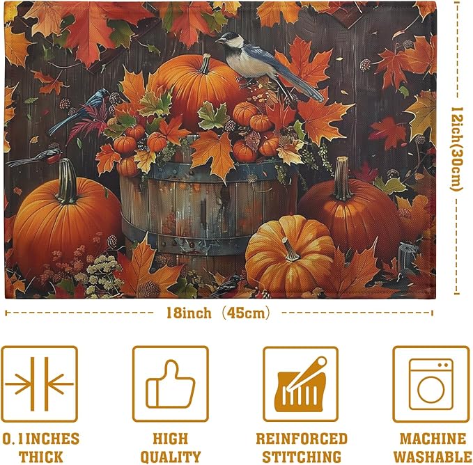 Pumpkin Maple Leaf Bird Fall Placemats Set of 4 Autumn Thanksgiving Seasonal Holiday Harvest Linen Table Mats Orange Brown Washable Place Mats for Party Kitchen Dining Outdoor Indoor Decor-Ruum Studio Home