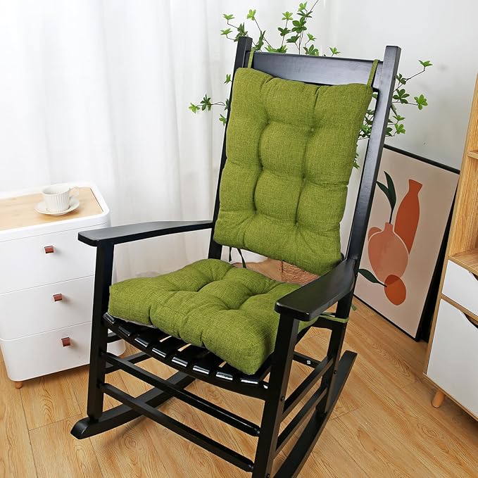 BUYUE Chair Cushion Set for Rocking Chair, Back Pillow & Seat Cushion with Ties, Original Woven Fabric Non-Slip Chair Pads for Elderly Sitting, Grass Green-Ruum Studio Home