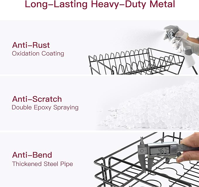 BOOSINY 2 Tier Black Large Stainless Steel Dish Drainers Drying Rack for Kitchen Counter with Drainboard, Rust Proof Metal, Space Saving, Modern Aesthetic, Compact Plates Strainers with Extra Mat-Ruum Studio Home