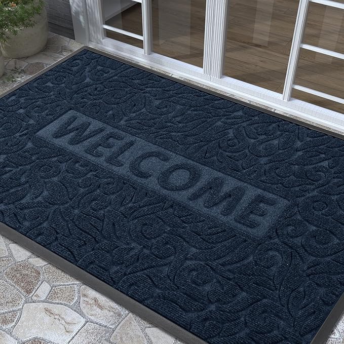 Yimobra Welcome Front Door Mat Outdoor, Heavy Duty Sturdy Non Slip Doormats, Rubber Backing, Low-Profile Entrance Rugs, Absorbent Resist Dirt, Easy Clean Patio Garage Floor Mats, 60X36 Inch, Blue-Ruum Studio Home