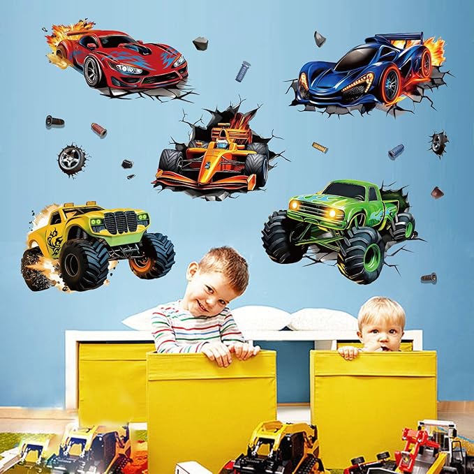 3D Racing Cars Wall Decals - Truck Bursting Through Wall, F1 Racing Cars Wall Stickers for Kids Room Boys Bedroom-Ruum Studio Home