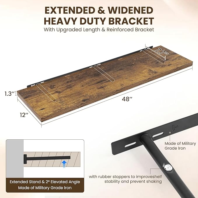 48" Floating Shelves for Wall, 12" Deep Slim Rustic Brown Floating Shelves, Wall-Mounted Shelves for Bedroom, Living Room, Kitchen, Bathroom - Set of 2-Ruum Studio Home