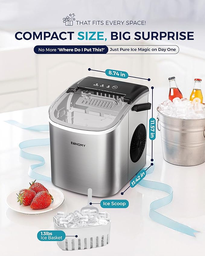 EUHOMY Countertop Ice Maker Machine with Handle, 26lbs Per Day, 9 Ice Cubes Ready in 6 Mins, Auto-Cleaning Portable Ice Maker with Basket and Scoop, for Home/Kitchen/Camping/RV (Silver)-Ruum Studio Home
