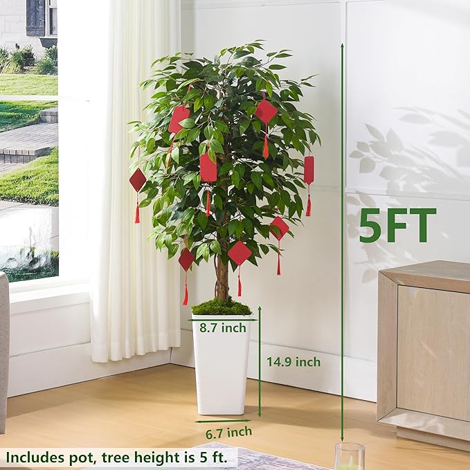 Artificial Ficus Tree 5FT Faux Floor Tree with Planter UV Resistant Potted Fake Silk Plant, Real Wood Trunk-Indoor Outdoor Lifelike Fake Ficus Tree for Home, Living Room Bedroom Topiary Tree-Ruum Studio Home