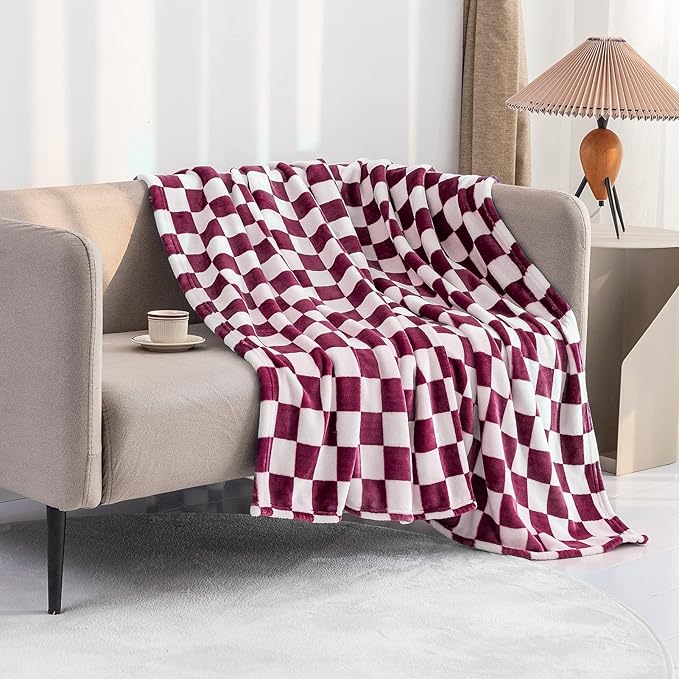 LOMAO Throw Blankets Flannel Blanket with Checkerboard Grid Pattern Soft Throw Blanket for Couch, Bed, Sofa Luxurious Warm and Cozy for All Seasons (Burgundy, 50"x60")-Ruum Studio Home
