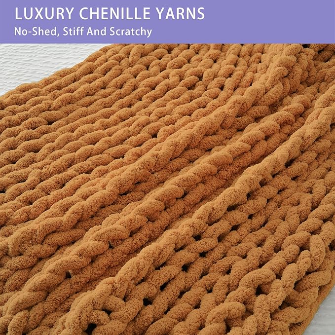 Bigacogo Chunky Knit Throw Blanket for Couch, 40x40 inches, 100% Hand Knitted with Thick Jumbo Chenille Yarn, Cozy Soft Large Rope Knot Cable Crochet Blankets for Sofa Bed Living Room, Burnt Orange-Ruum Studio Home