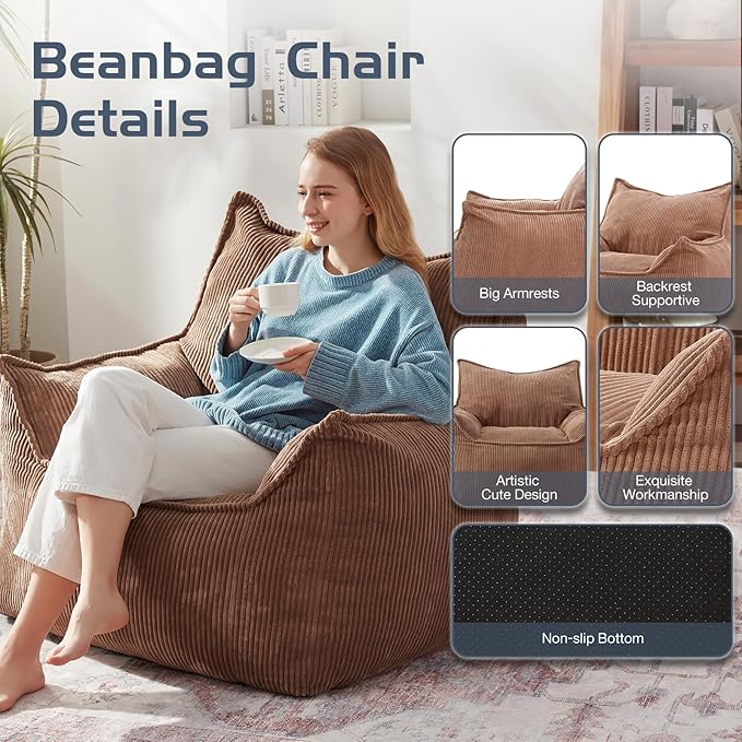 Giant Bean Bag Chair Sofa for Adults Teens, Comfy Corduroy Large Bean Bag Chairs with Armrests for Bedroom Living Room, Adult BeanBag Lazy Sofa Couch Chairs with Filler Included-Ruum Studio Home