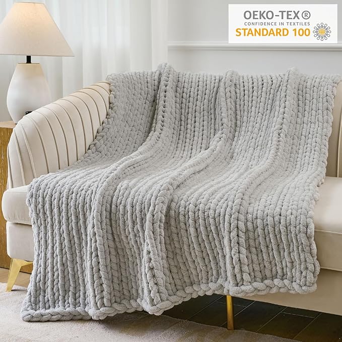 Esterra Chunky Knit Throw Blanket Newly Upgraded Heavy Tighter Version, Handmade Chenille Throw Super Soft, Thick Yarn Cable Knit Crochet Throw Blanket for Couch Bed Sofa (50"x60" Light Grey)-Ruum Studio Home