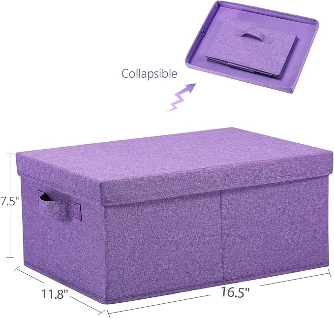 HOONEX Foldable Storage Bins with Lids, Pack of 2, Storage Boxes with 2 Carrying Handles and Sturdy Heavy Cardboard, 16.5" L x 11.8" W x 7.5" H for Shoes, Books, Clothes, Purple-Ruum Studio Home