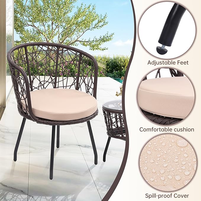 Kromax 3 Piece Bistro Set, Modern Outdoor Wicker Patio Furniture with Tempered Glass Table Top and 2 Chairs, Washable Cushions, Brown Rattan and Begie Cushion-Ruum Studio Home