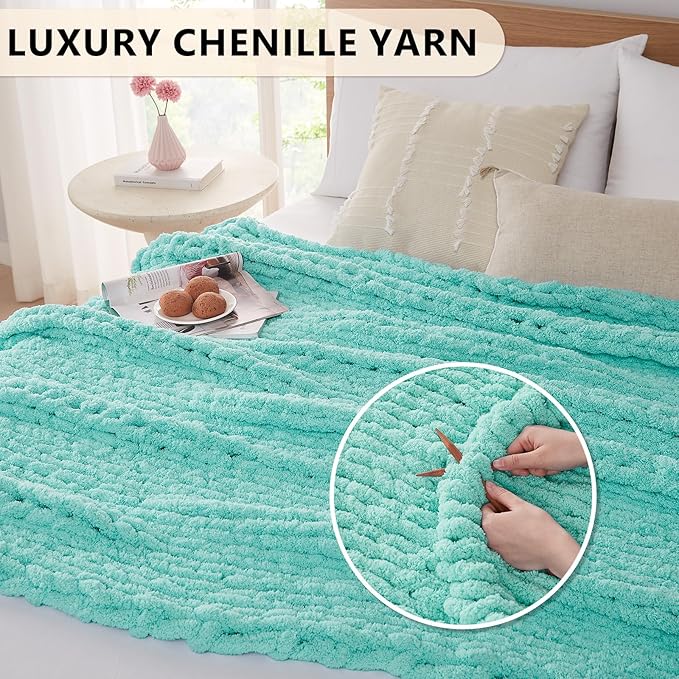 L'AGRATY Chunky Knit Blanket Throw: 60''x80'' Chenille Chunky Knitted Throw Blanket for Bed Couch - Handmade Thick Big Cable Knit Blanket - Large Crochet Rope Blanket for Home Decor(Lake Blue)-Ruum Studio Home