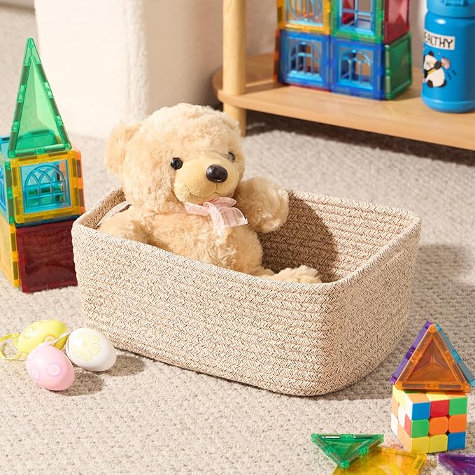 Small Storage Baskets for Organizing | Closet Organizer Bins | Shelf Toy Basket | Woven Rope Baskets | Cube Decorative Box | Shallow Basket | 13x8.5x5.1” | 4 Packs Mixed Brown-Ruum Studio Home