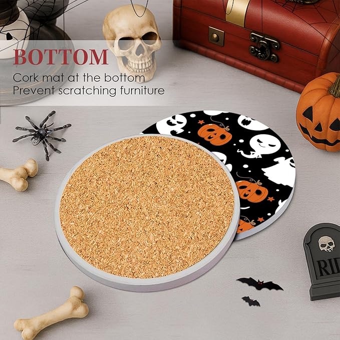 Coaster for Drinks Set of 6, Halloween Ghost Pumpkins Bats Holiday Black Absorbent Round Ceramic Stone Mat, with Cork Base and Metal Holder, Gift for Housewarming Room Bar Decor-Ruum Studio Home
