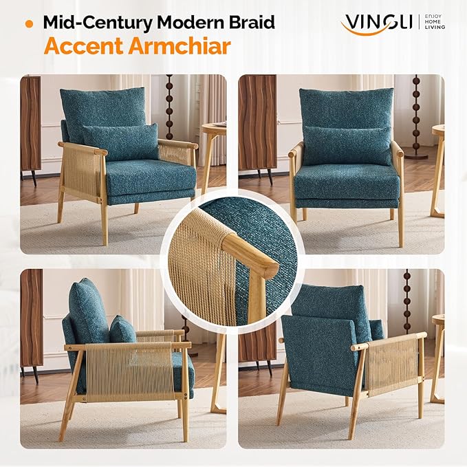 VINGLI Boho Braid Accent Armchair,Mid-Century Modern Chiar with Solid Wooden Armrest,Comfy Louge Cushion Chair with Waist Pillow for Bedroom,Living Room,Reading Room, Teal-Ruum Studio Home