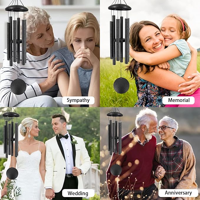 Sympathy Memorial Wind Chimes, 36' with 6 Metal Tubes, Outdoor Deep Tone for Garden, Christmas Hanging Decor - Black Grey-Ruum Studio Home