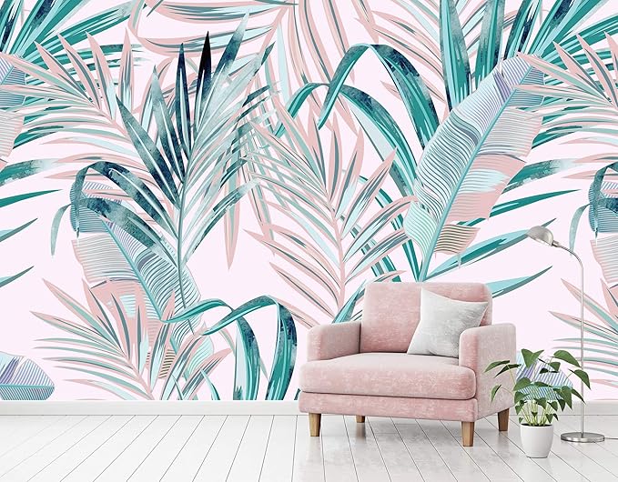 Tropical Pink Palm Leaf Wallpaper Girls Bedroom Colorful Plant Leaves Wall Mural Living Room (Not Peel and Stick)-Ruum Studio Home
