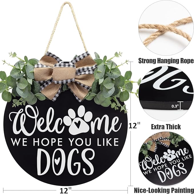 Welcome We Hope You Like Dogs Farmhouse Door Sign for Front Door Porch Decor with Eucalyptus Leaves & Buffalo Bow - Welcome Wreath Sign Hanging for Dogs Lovers Spring Summer Decor Housewarming Gift-Ruum Studio Home