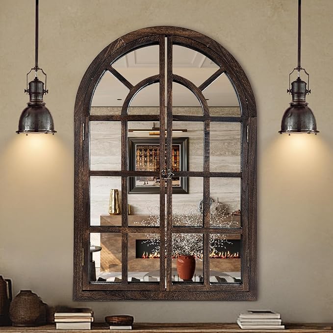 Arched Wall Mirror with Window Design, 38"x26" Rustic Farmhouse Wood Mirror for Wall Decor, Decorative Vintage Arch Mirror for Living Room, Bedroom, Entryway-Ruum Studio Home
