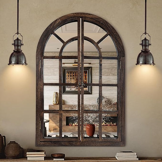 Arched Wall Mirror with Window Design, 38"x26" Rustic Farmhouse Wood Mirror for Wall Decor, Decorative Vintage Arch Mirror for Living Room, Bedroom, Entryway-Ruum Studio Home