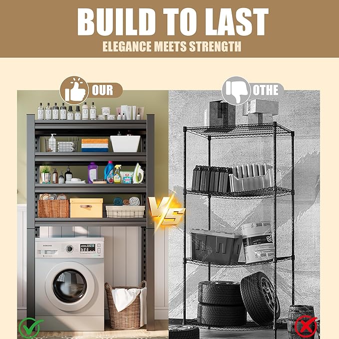 Laundry Room Storage Organizer, Over The Washer and Dryer Storage Shelves for Laundry Organization, 35" W x 14" D x 63" H, Suit Washing Machine Width Within 32.6", Hold 500 lb, Black-Ruum Studio Home