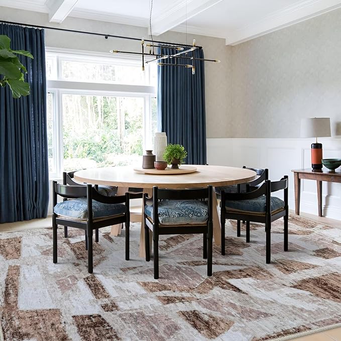 Modern Abstract 8X10 Area Rug for Living Room Bedroom Washable, Non-Slip Rubber Backing Print Faux Wool Thin, Brown Throw Large Carpet for Kids Playroom Dining Room Pet & Child Friendly-Ruum Studio Home