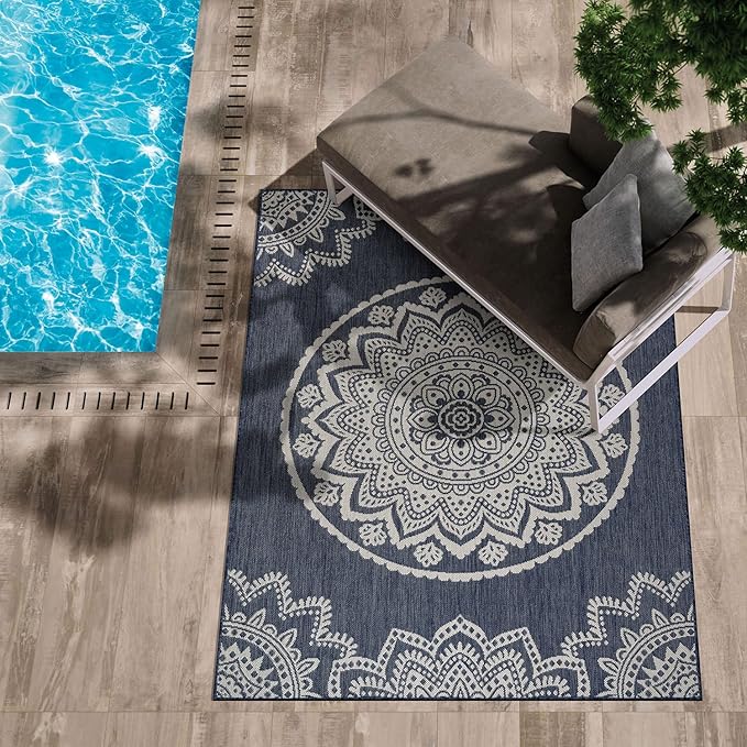 CAMILSON Outdoor Rug 10x14 Modern Area Rugs for Large Indoor and Outdoor Patios and Porches - Waterproof Washable Non-Shedding Easy-to-Clean Outside Carpet (10 x 14, Medallion - Blue/White)-Ruum Studio Home