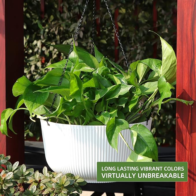 Dexceder 9.8 Inch Self Watering Hanging Planters Indoor Outdoor, Thickened Hanging Basket Flower Plant Pot (2 Pack, White)-Ruum Studio Home