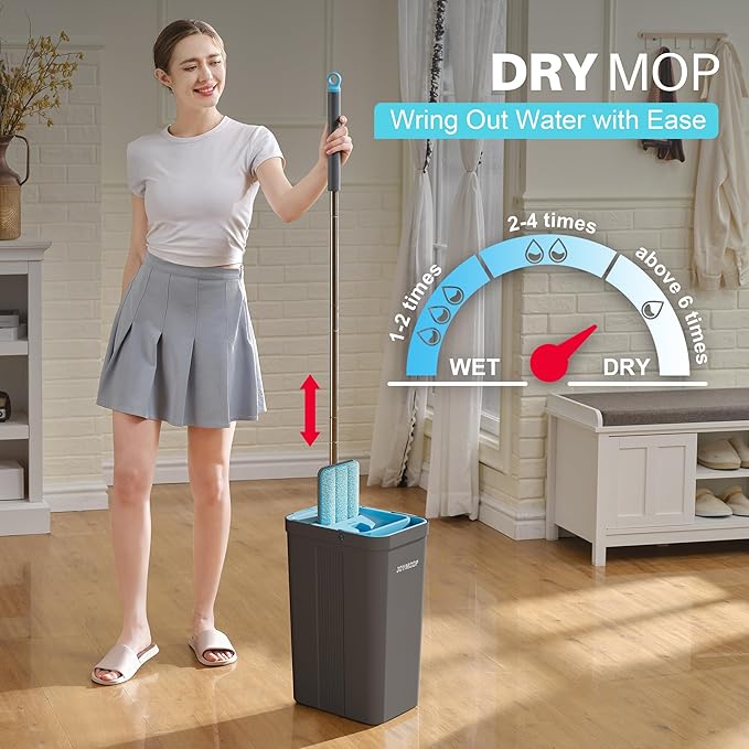 JOYMOOP Mop and Bucket Set with Wringer, Mops for Floor Cleaning, Wall Mop Cleaner with Long Handle, with 6 Reusable Microfiber Mop Pads - Grey+Cyan Blue-Ruum Studio Home