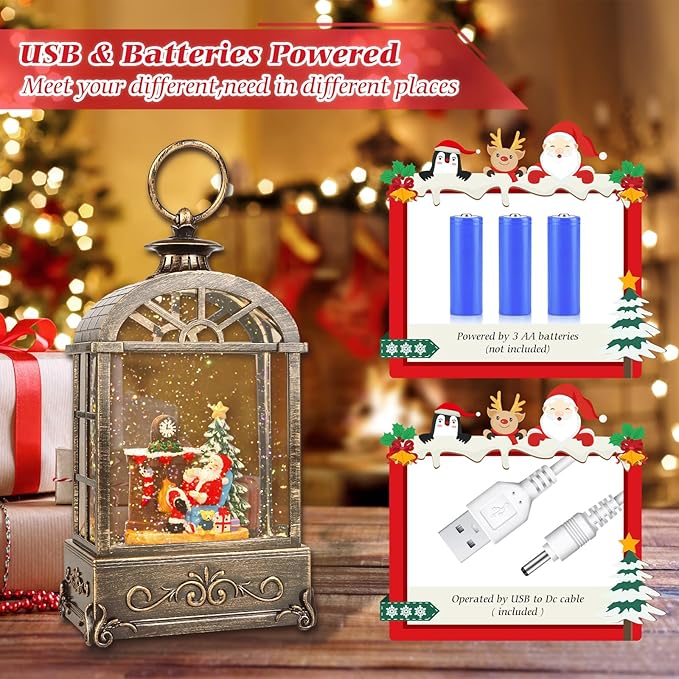 Christmas Snow Globes Lantern,Musical Snow Globe,Christmas Decorations Indoor for Home,Battery Or USB Powered,with 6 Hour Timer,Christmas Lantern for Festival Decoration,Santa Claus-Ruum Studio Home
