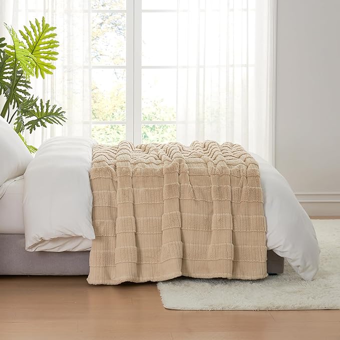 Amélie Home Luxury Striped Faux Fur Throw Blanket for Couch, Embossed Split Fur Cozy Fuzzy Fluffy Luxurious Soft Plush Sofa Chair Bed Gift Blankets for Women Men Wife Friend, 55"x70", Beige-Ruum Studio Home