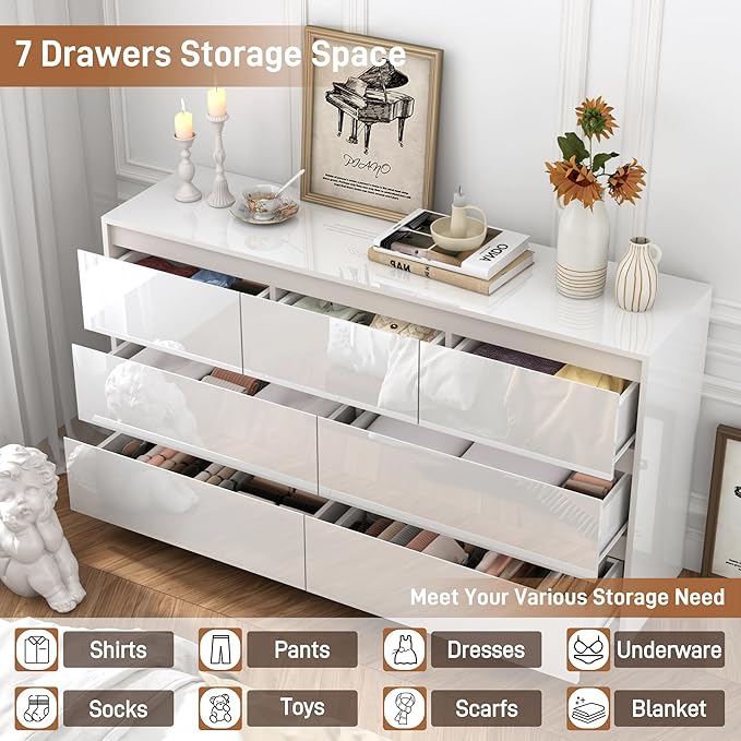 White Malm Dresser for Bedroom, 55 Inch Full High Gloss Dresser with 7 Drawers, Modern Large Wood Chest of Drawer Handle Free, Living Room, Entryway, Hallway, White-Ruum Studio Home