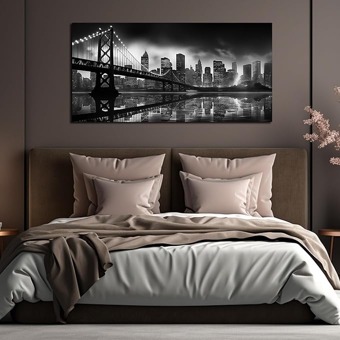 Brooklyn Bridge Canvas Wall Art for Bedroom Black and White City Wall Decor for Living Room Office Wall Art Decor 24 x 48 Inch-Ruum Studio Home