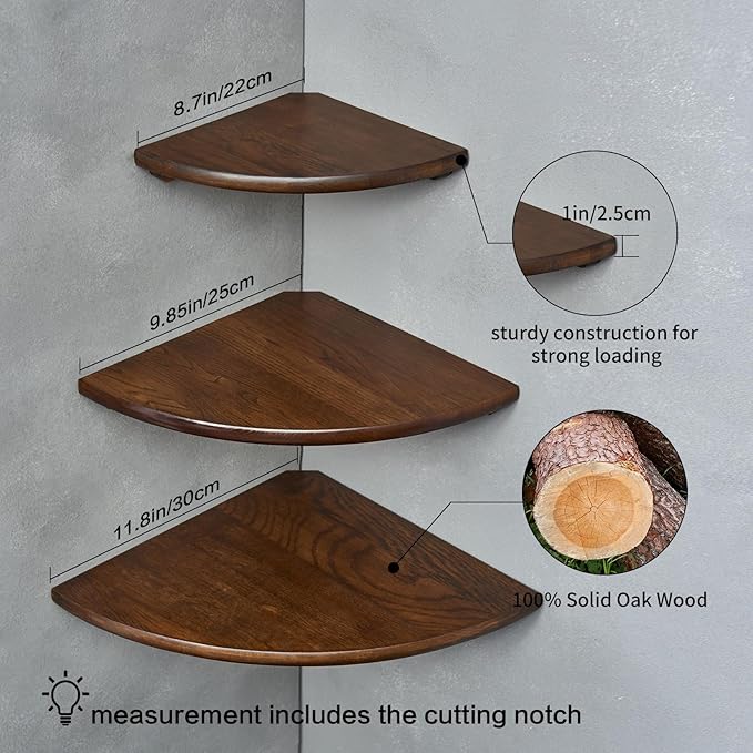 Corner Shelves, Floating Corner Shelf, Set of 3 Solid Oak Wood Corner Wall Shelves, Round End with Wire Hole Shelving for Small Plant for Bedroom Kitchen, Living Room (Size 9/10/12in)-Ruum Studio Home
