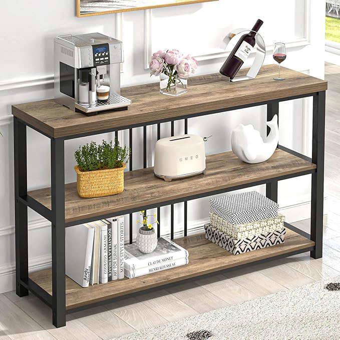 FOLUBAN Modern Sofa Table for Entryway, 3 Tier Narrow Console Table for Living Room Hallway Behind Couch, Rustic Oak-Ruum Studio Home