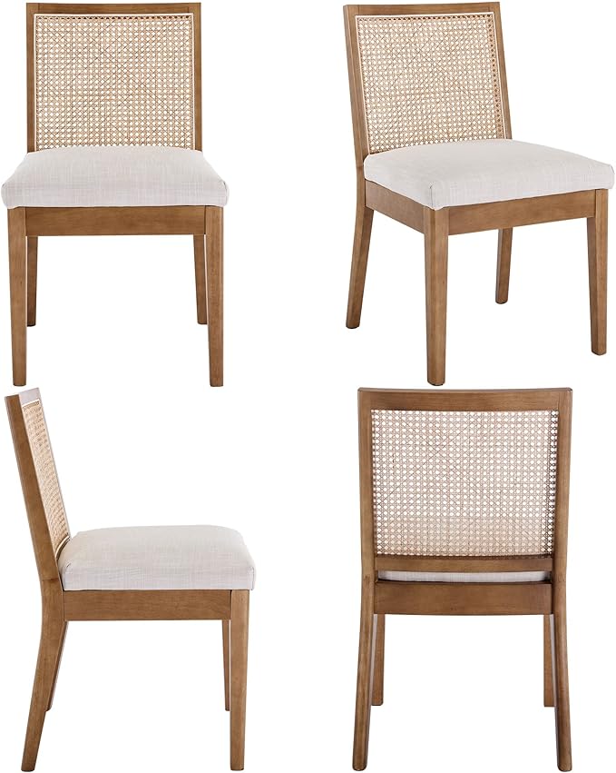 VESCASA Upholstered Dining Chairs with Square Rattan Back, Armless Padded Linen Cushion Dining Chairs with Wood Legs for Dining Room, Kitchen, Set of 4, Natural Frame-Ruum Studio Home