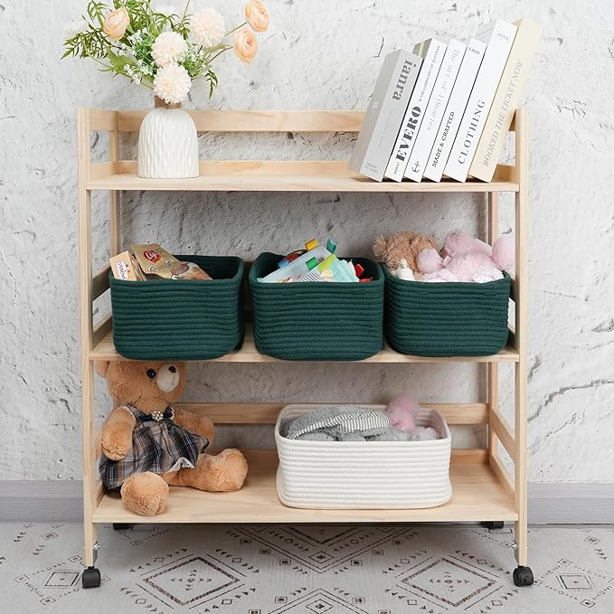 Small Woven Storage Baskets 12“X8”X5“ Decorative Rope Bins for Organizing Shelves, Closets, and Toys, Empty Gift Baskets, Cute Organizer Basket for Home and Office (dark green, regular)-Ruum Studio Home