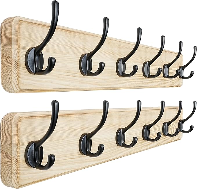 Dseap Coat Rack Wall: 24" Long, Patented, Heavy-Duty, 6-Double-Hooks Wooden Wall Mounted Coat Rack Coat Hanger Hook Rail for Winter Coats Hat Jacket Clothing, Light Brown, Pack of 2-Ruum Studio Home