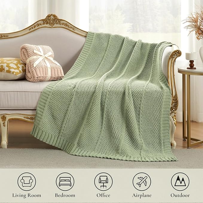 Amélie Home Chenille Knit Throw Blanket for Couch, Chevron Texture Decorative Soft Blanket for Sofa, Bed & Chair, 50"x60", Sage Green-Ruum Studio Home