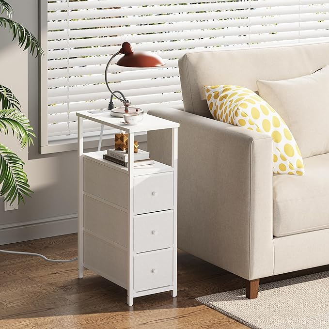 TUTOTAK Narrow Night Stand with Charging Station, Slim End Table with Plugins, Tall Side Table with 3 Fabric Drawer, Small Bedside Table with Storage, Living Room, Bedroom, White TB01BW086-Ruum Studio Home