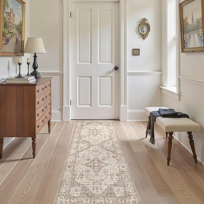 Washable 2x6 Runner Rug - Area Rugs Neutral Vintage Distressed Floral Farmhouse Boho Large Soft Floor Rug Indoor Carpet for Hallway Entryway Bedroom Kitchen - Brown/Multi-Ruum Studio Home
