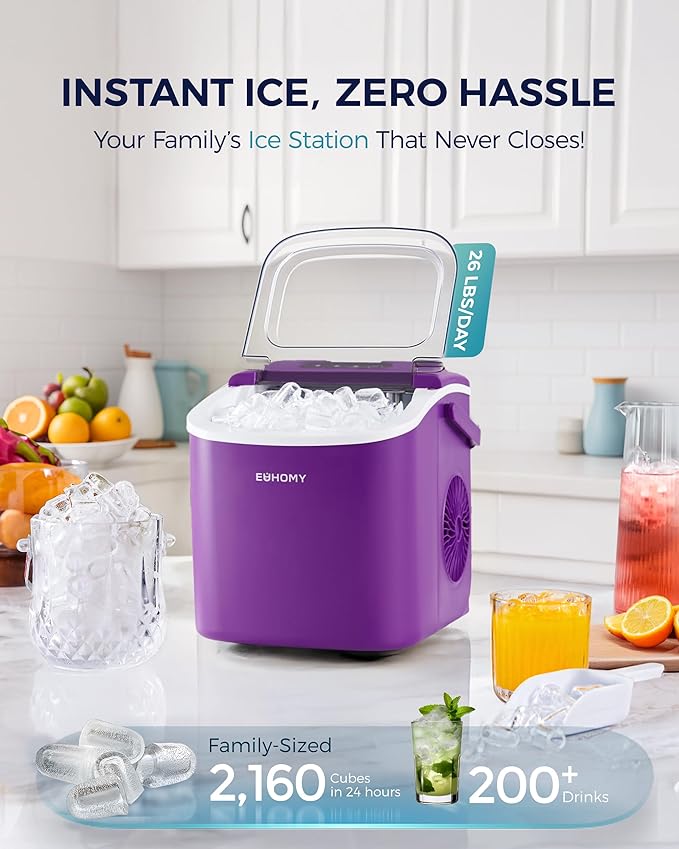 EUHOMY Countertop Ice Maker Machine with Handle, 26lbs Per Day, 9 Ice Cubes Ready in 6 Mins, Auto-Cleaning Portable Ice Maker with Basket and Scoop, for Home/Kitchen/Camping/RV (Purple)-Ruum Studio Home