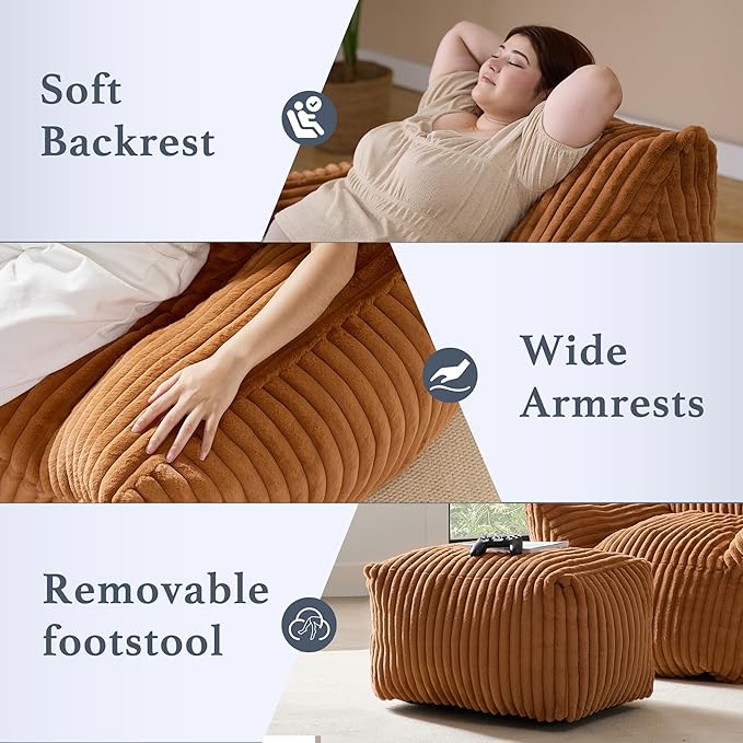 Oversized Bean Bag Chaise Lounge Chair Indoor for Adults with Armrests & Ottoman - Giant Comfy Orange Beanbag Floor Sofa Cloud Accent Chair for Reading, Gaming, Cozy Plush Cloud Mini Couch-Ruum Studio Home