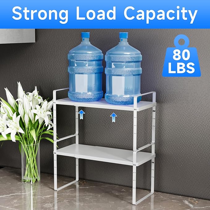 Expandable Cabinet Shelf Organizer, Stackable Kitchen Pantry Counter Storage, Adjustable Closet Cupboard Stand Rack Risers Spice Organization 80LBS Heavy Duty White 3 Pack-Ruum Studio Home