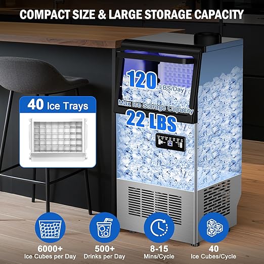 Commercial Ice Maker Machine 120 LBS/24H, 40 Ice Trays Freestanding & Undercounter Ice Machine Stainless Steel with 20 LBS Ice Storage Capacity, Ice Maker with Water Line and Filter, Dual Water Inlet-Ruum Studio Home